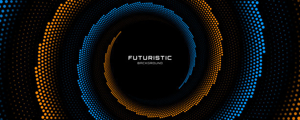 深邃空间中的3D蓝橙科技背景，带有圆点线条效果装饰。现代图形设计元素，以发光圆点圆圈风格概念，适用于网页横幅、艺术、传单、卡片或宣传册封面图片下载