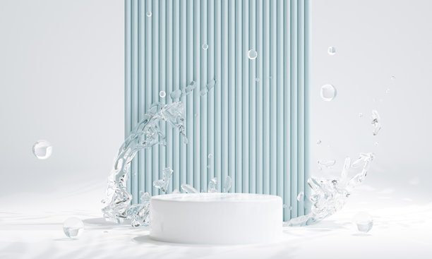 用于产品展示的带水溅效果的领奖台。3D插画图片下载