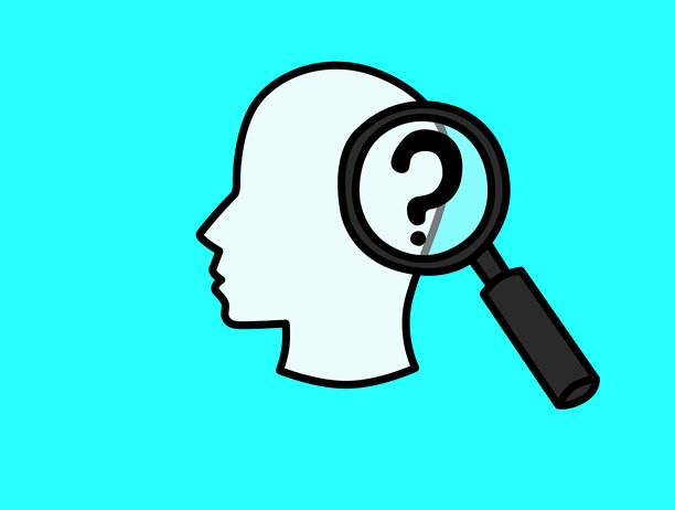 一个内省的探究插画，展示了一个在中性头像轮廓中的问号上方的放大镜图片下载