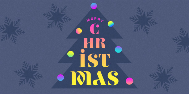 节日圣诞横幅，以深色背景为底，饰有彩色霓虹灯和雪花装饰的风格化圣诞树。图片下载