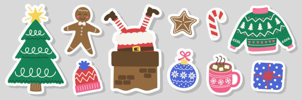 一套色彩丰富的圣诞手绘贴纸。包括圣诞树、彩球、礼物、袜子、饼干、杯子、帽子、毛衣和手套。矢量插画图片下载