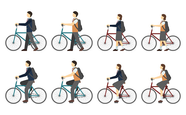 高中生和自行车的扁平插画图片下载