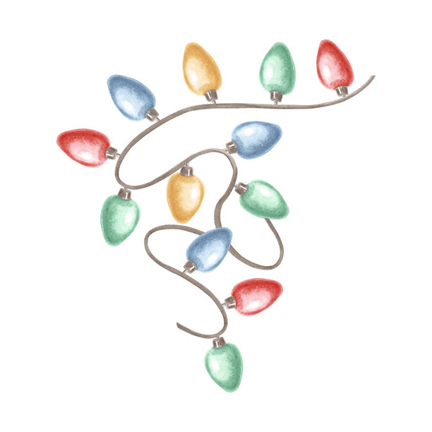 圣诞灯串装饰，手绘水彩插画，孤立的，发光的灯泡挂在电线上，冬季节日剪贴画，用于贺卡、印刷品、包装的节日剪贴画。图片下载