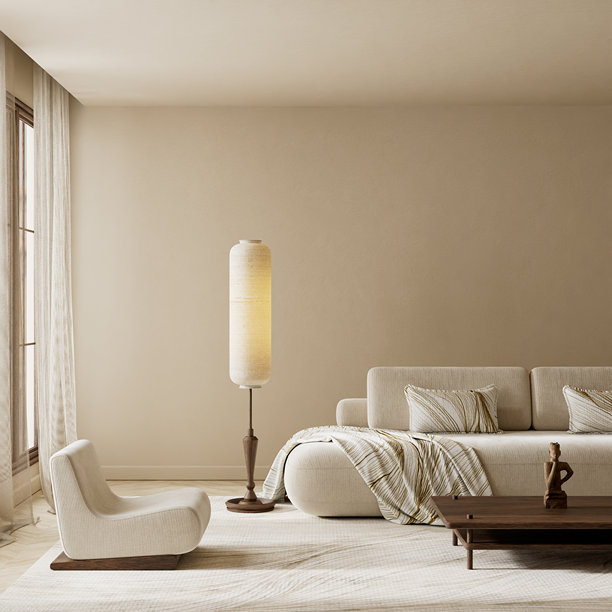 极简米色日式禅意风格中性家居内饰，带有柔和的自然光、木质纹理和宽阔的文字空间，适用于设计展示或品牌构图。三维插画。图片下载