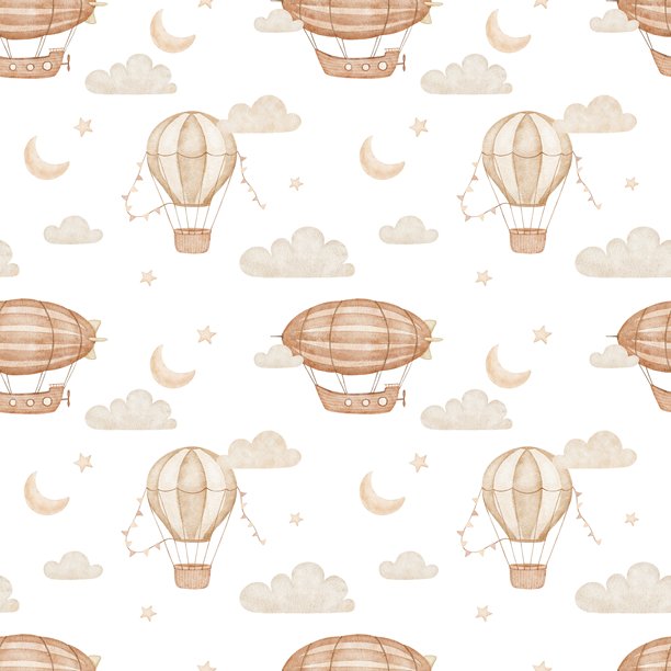 无缝水彩背景，云中有热气球和飞艇，还有月亮，白色背景上手绘重复插画图片下载