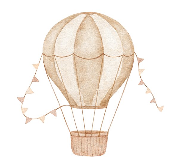 棕色中性色调的热气球，上面有旗帜。水彩风格的独立插画，适合海报或卡片。图片下载