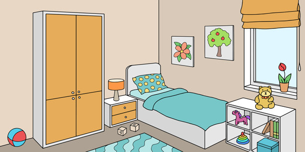 儿童房室内装饰彩色手绘插画矢量图图片下载