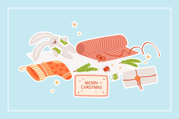 DIY圣诞包装套装，包含纸卷、丝带、冷杉枝、节日袜子、祝福信和手工兔子玩具。扁平矢量插画。图片下载