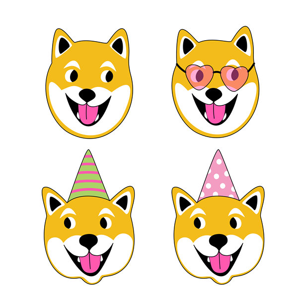 秋田犬戴着不同帽子和心形眼镜的矢量插画图片下载