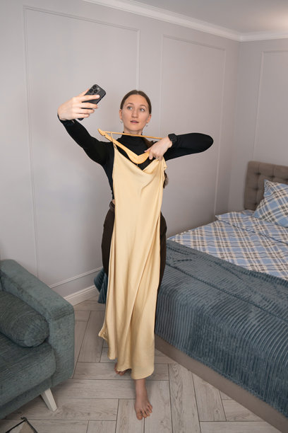 时尚博主在卧室里，手持米色吊带裙和木质衣架，用智能手机拍照，为她的时尚博客或社交媒体创作内容。竖构图照片。图片下载