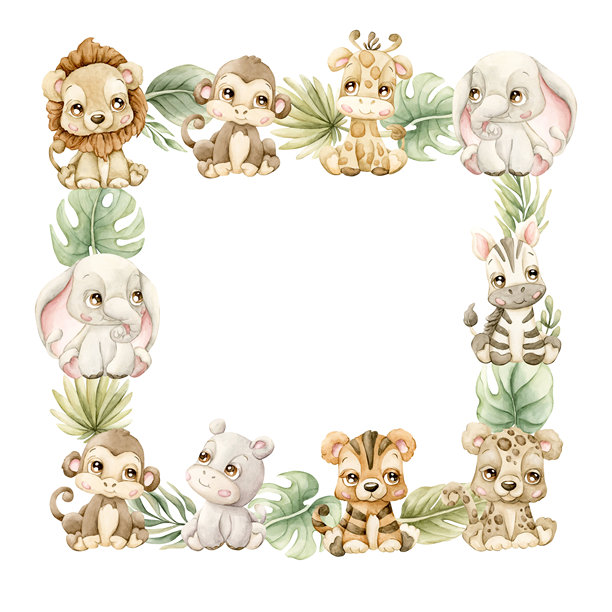 可爱的动物植物画框。非洲丛林热带异国情调的叶子，水彩夏日柔和中性色调，孤立插画图片下载