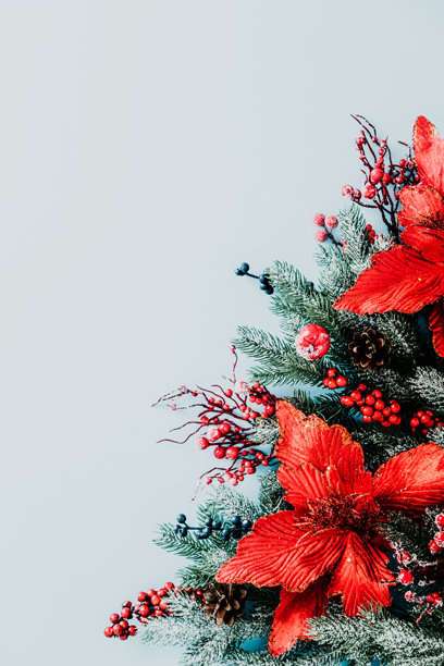 圣诞节垂直平铺构图，浅蓝色背景上饰有圣诞红、霜松、浆果和装饰品。图片下载