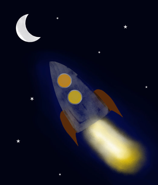 卡通火箭在太空中飞行 – 带有星星和月亮的矢量插画。图片下载