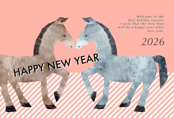 带有马插画和粉色背景的少女风新年贺卡模板图片下载