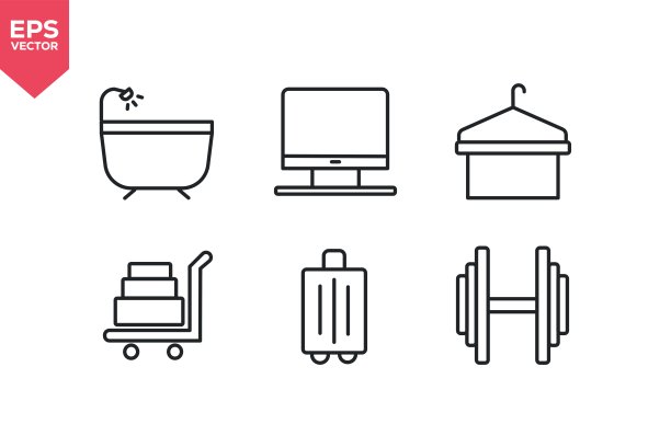 一套关于门童、电视、浴室、行李、干洗服务的线条图标。描边可编辑，矢量插画。图片下载
