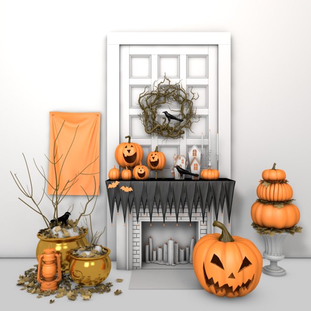 3D插画：壁炉万圣节装饰图片下载