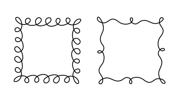 方形涂鸦相框印章，手绘波浪卷曲的订婚字母组合。带有简单草图涂鸦漩涡设计的边框和框架，老式问候元素，用于照片装饰。孤立。矢量图。图片下载