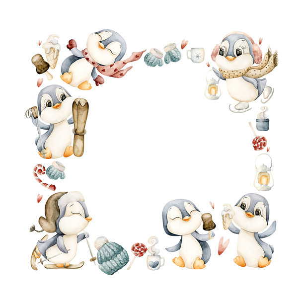 可爱的企鹅冬季趣味运动画框。水彩手绘插画，孤立在白色背景上，用于情人节。图片下载