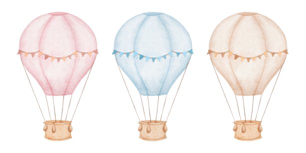 蓝、粉色和中性色调的热气球。适用于性别派对、儿童的隔离水彩插画图片下载
