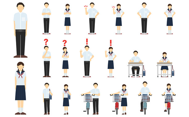 初中生正面视图的扁平化插画（夏季）图片下载