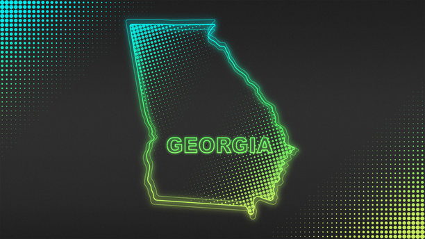 霓虹蓝黄渐变乔治亚州地图轮廓，未来感发光半调插画图片下载