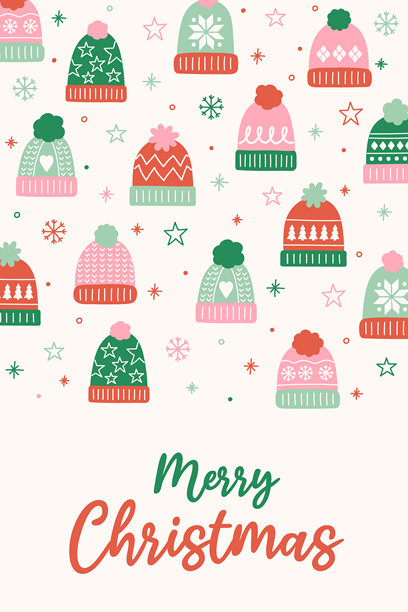 带有可爱冬季帽子的多彩圣诞贺卡。节日装饰的海报。矢量插画图片下载