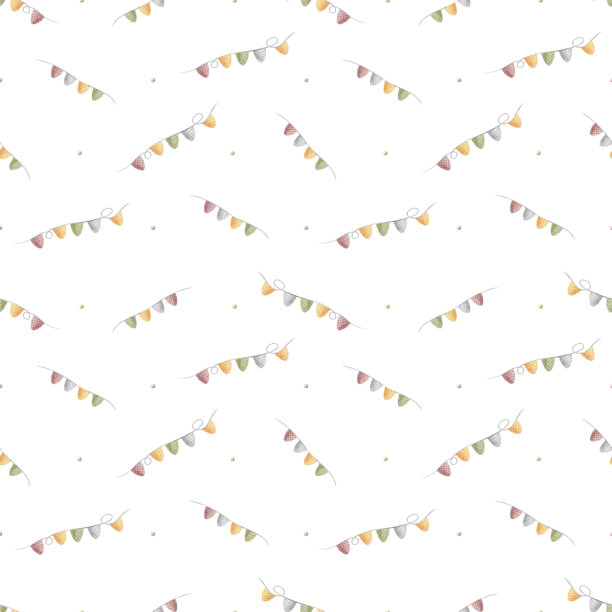 由三角形旗帜组成的节日花环图案。万圣节儿童风格的手绘水彩插画。与背景隔离的无缝印花，用于服装、壁纸、包装纸设计图片下载