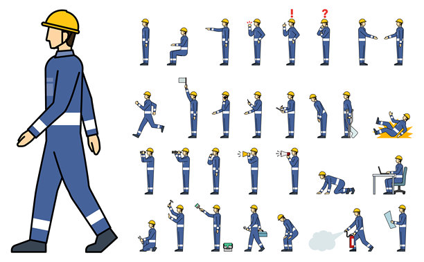 各种姿势的工人的扁平插画（侧面）图片下载