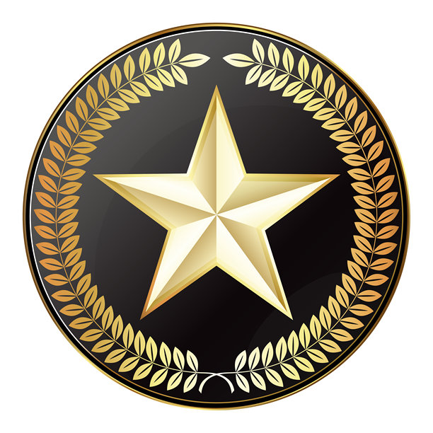 黑色圆圈中的金色五角星饰有月桂花环图片下载
