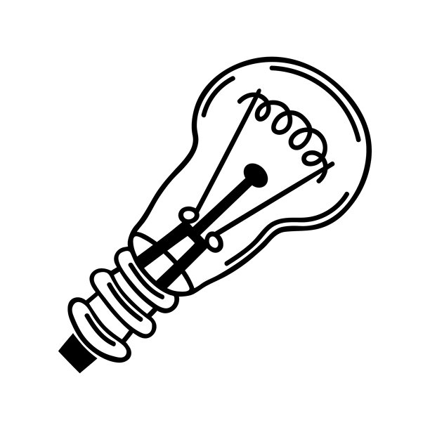 节能灯泡矢量图标。手绘灯具电器。黑白涂鸦，简约素描。象征想法、思考、创新、创意。发光灯泡孤立插画。图片下载