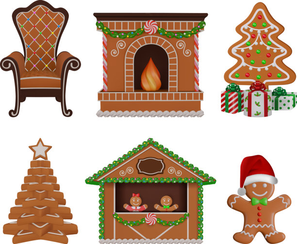 姜饼元素套装。圣诞姜饼装饰。扶手椅、壁炉、圣诞树、集市摊位和姜饼圣诞老人图片下载