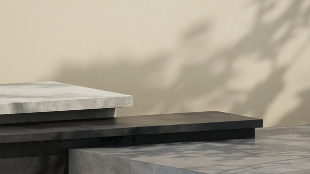 简约几何产品展示的3D插画，带有树叶阴影的极简讲台，化妆品展示背景图片下载