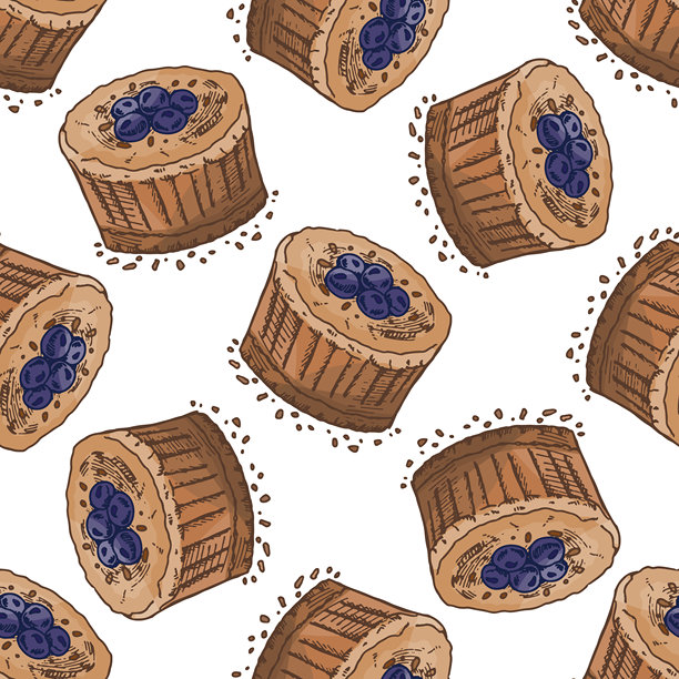 手绘复古无缝蓝莓玛芬纸杯蛋糕图案，带有面包屑，乡村烘焙插画彩色版图片下载