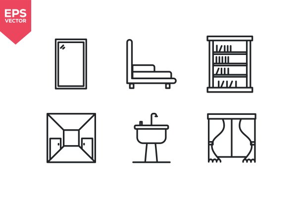 一套与家具、家居装饰、窗帘、镜子、书柜、洗脸台相关的线条图标。描边可编辑。矢量插画图片下载