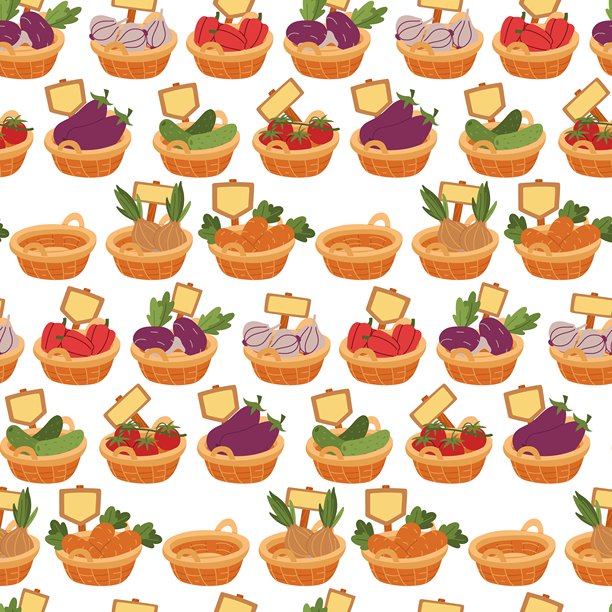 各种蔬菜编织篮的图案。平面插画的质感。适用于包装、有机食品广告、烹饪博客、农产品商店和网站设计。图片下载