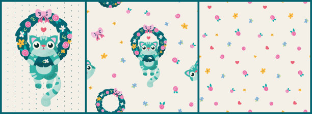 一套可爱的猫咪节日主题素材，包括卡片和无缝图案图片下载