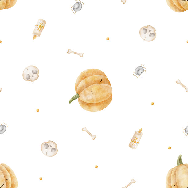 混乱飞舞的南瓜、蜘蛛、骷髅、骨头、蜡烛图案。儿童万圣节风格的手绘水彩插画。用于纺织品、布料、服装的无缝印花，孤立背景。图片下载