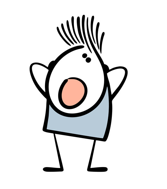 卡通人物头发竖起，男人惊恐尖叫。矢量插画，描绘恐惧、意外事件，涂鸦风格的小孩很害怕。图片下载