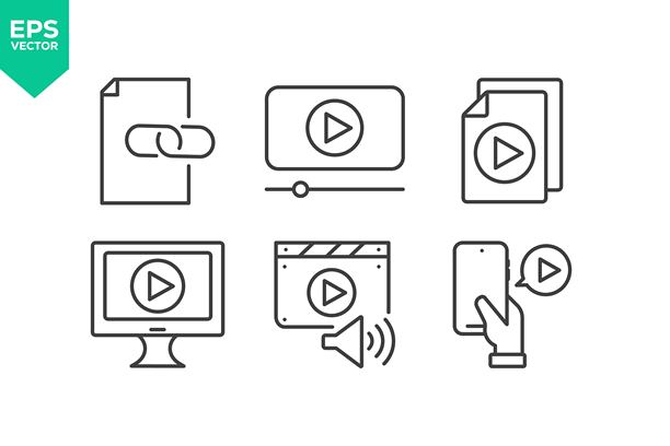 视频线条图标集。包含电影、屏幕、流媒体、播放、电影、暂停、直播、制作等图标。图片下载
