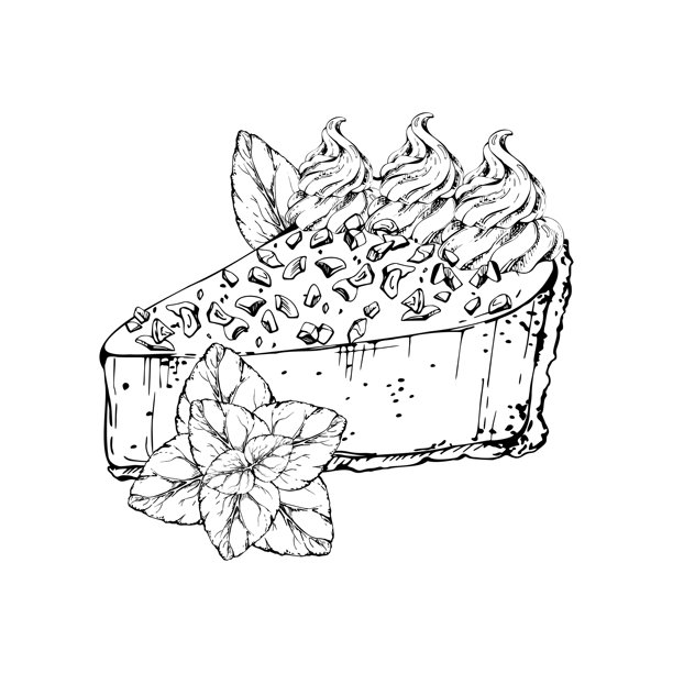 芝士蛋糕切片，带有薄荷装饰的舒芙蕾蛋糕，坚果碎配料和鲜奶油漩涡。矢量墨水甜点插画。食谱书插画，烹饪贴纸，食谱卡布局。图片下载