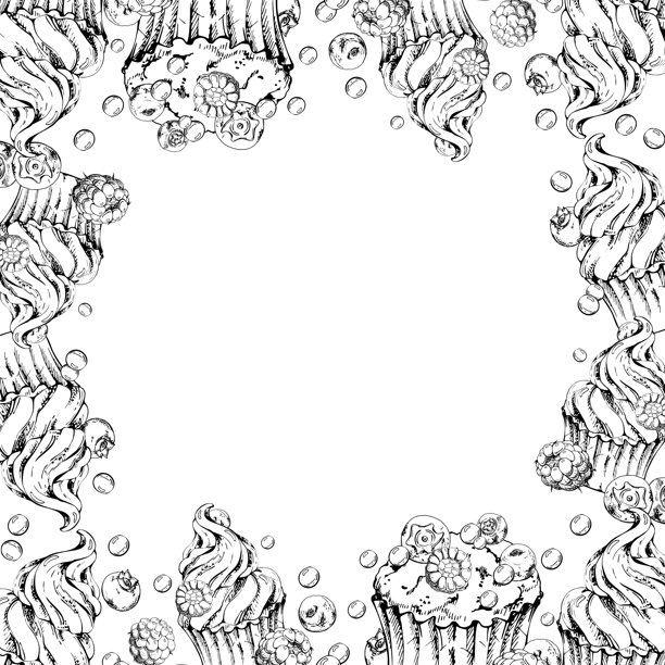 杯子蛋糕和松饼上点缀着新鲜蓝莓、越橘、覆盆子、鲜奶油和糖果装饰糖霜。手绘独立边框插画。装饰性框架艺术，烘焙标签边缘。图片下载