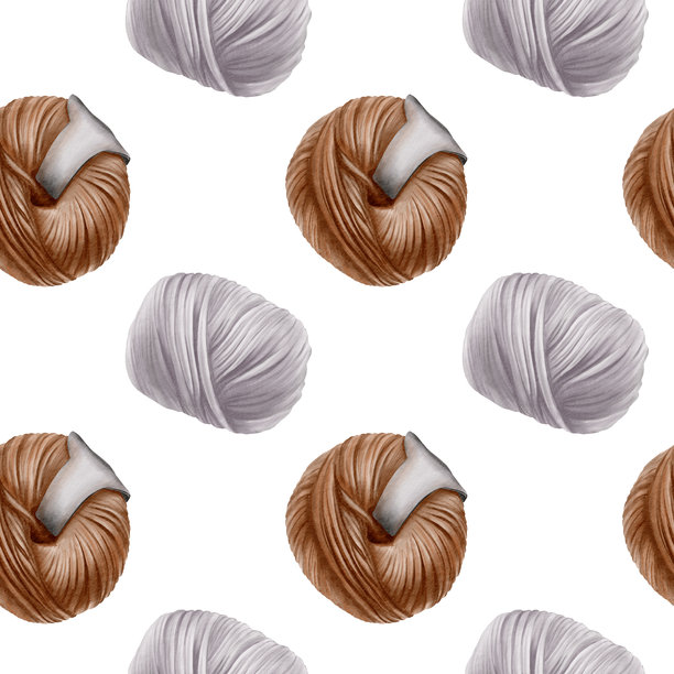 棕灰色无缝图案的毛线球配纸标签，象征国际编织日。它蕴含着家庭炉火的温暖与舒适。水彩插画图片下载