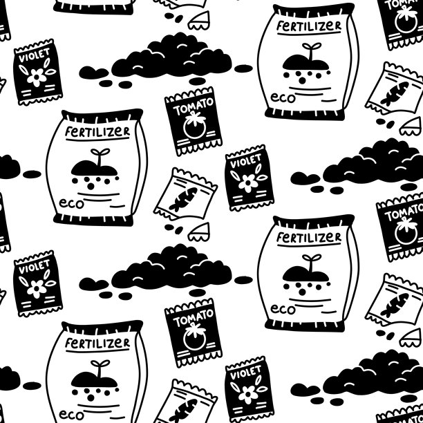 包装有肥料和种子的图案。白色背景纹理。扁平插画风格的单色插图。一套用于室内植物移栽的工具。花园元素和土壤图片下载