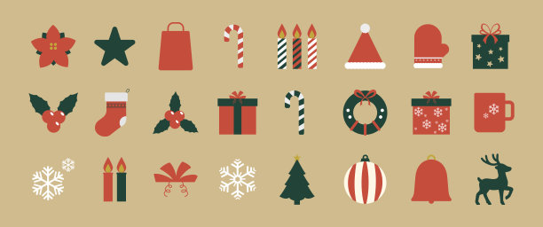可爱的圣诞插画元素合集，包含礼物盒、槲寄生、雪花、圣诞树、花环、拐杖糖、圣诞帽和冬季配饰等节日图标，背景为米色，适用于节日设计、打印和商业用途。图片下载