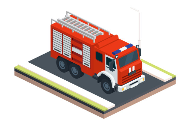 等距视角下的红色消防车在道路上行驶。紧急救援车辆。插画。消防车在白色背景下孤立。图片下载