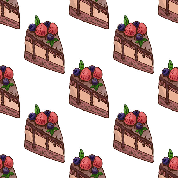 手绘复古无缝图案，描绘了带有草莓和蓝莓的巧克力蛋糕切片，彩色矢量插画图片下载