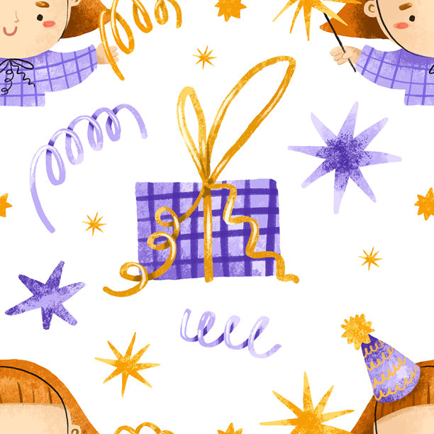 手绘卡通女孩与蛇形、花环无缝图案。水彩插画。手绘独立纺织品、包装纸印花。庆祝。新年快乐图片下载