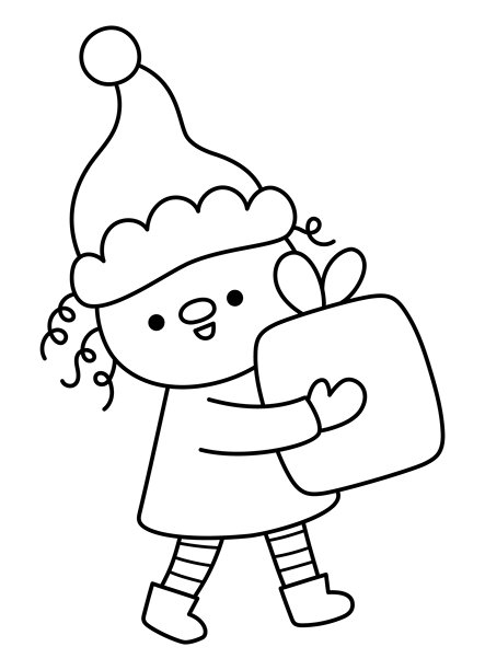 矢量黑白卡通圣诞精灵戴着帽子拿着礼物插画。可爱的 
新年符号侏儒插图，适合儿童。 
冬季节日矮人带礼物线条图标，涂色页图片下载