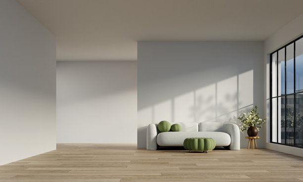 极简客厅布置中的室内设计典雅风格。三维渲染插画图片下载