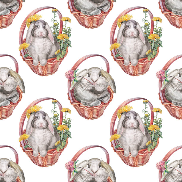 手绘水彩风格的兔子和黄色蒲公英在篮子里的无缝图案，背景为白色。春夏季节的自然艺术插画，适合用于三八妇女节或复活节主题，花卉和兔子元素可用于壁纸设计。图片下载